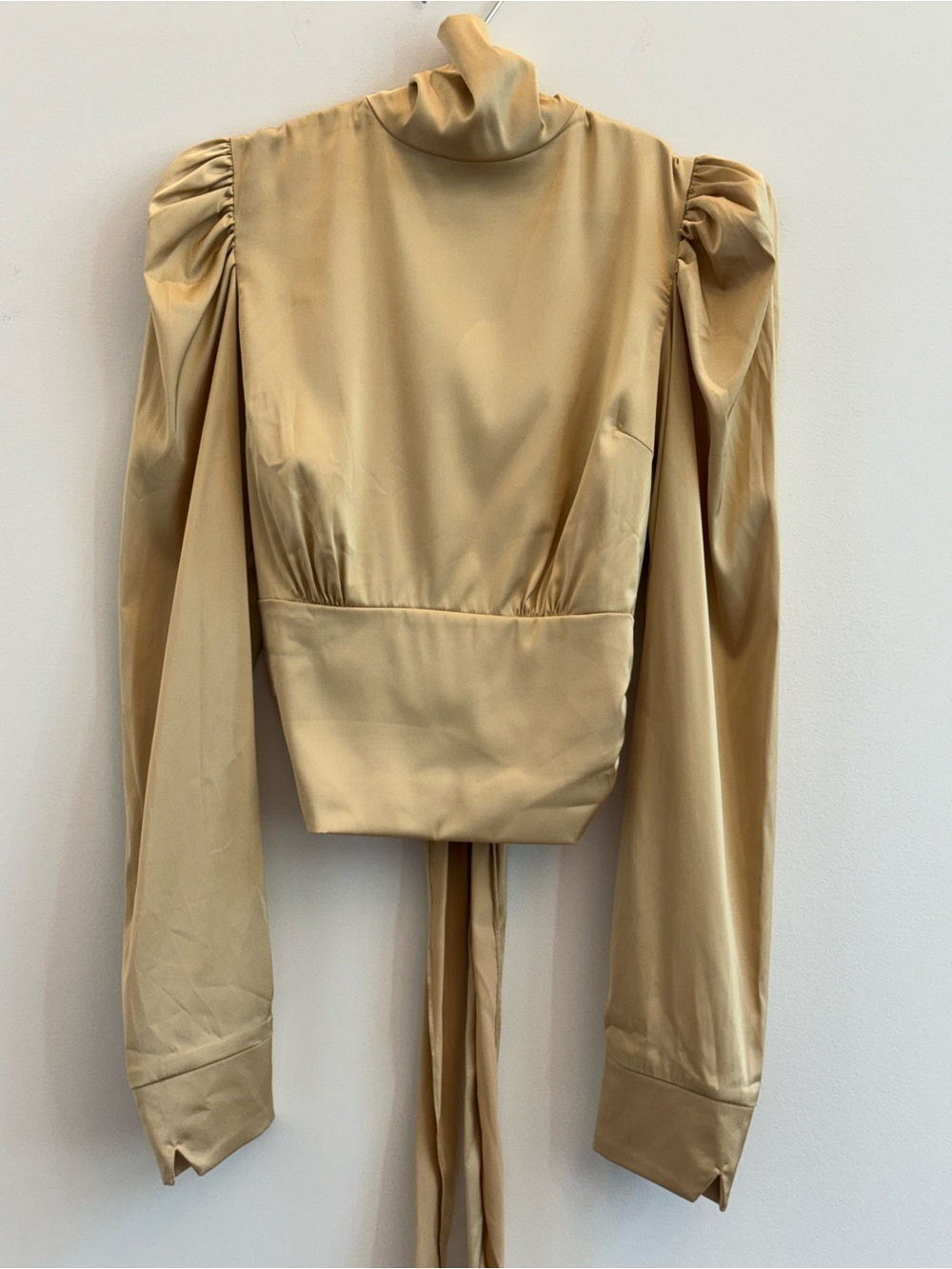 High-Neck Puff Shoulder Satin Blouse - Beige